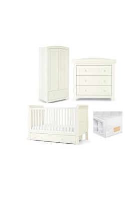 Mia 4 Piece Cotbed with Dresser Changer, Wardrobe, and Essential Pocket Spring Mattress Set- White